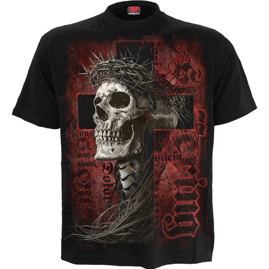 Silent Suffering T-Shirt Schwarz Religiöse Kunst Grafik 100% Baumwoll-Tee Totenkopf Gothic