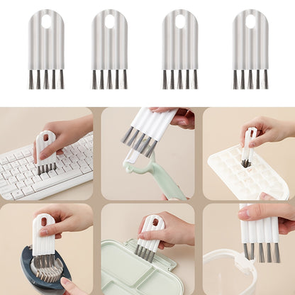 Collage of a cleaning tool with bristles being used on various surfaces.