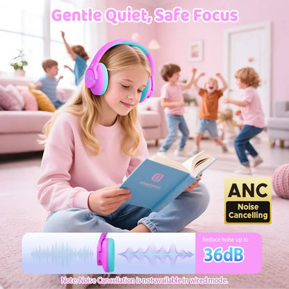 Child wearing pink headphones reading a book with a background of children playing.