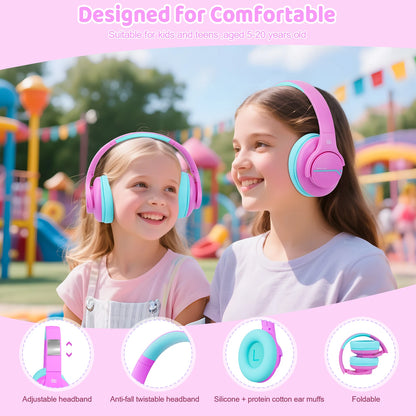 Two children wearing pink headphones in a playground setting with product features highlighted.