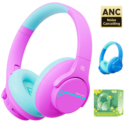 Pink and teal headphones with noise-cancelling feature, including packaging and logo.