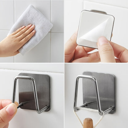 Step-by-step process of using a wall-mounted hook with a hand holding a cloth and a wooden item.
