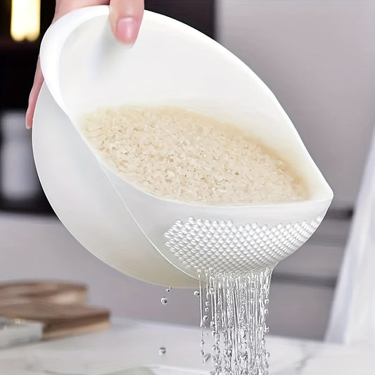 White rice strainer with rice being poured into it