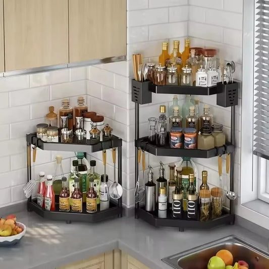 Corner kitchen storage rack with bottles and kitchen items on a tiled wall background.