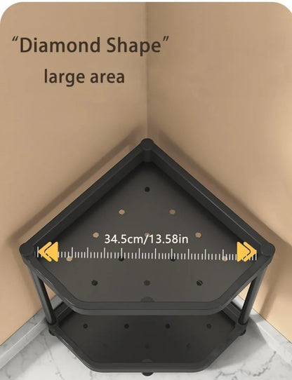 Black diamond-shaped shelf with measurement details on a beige background