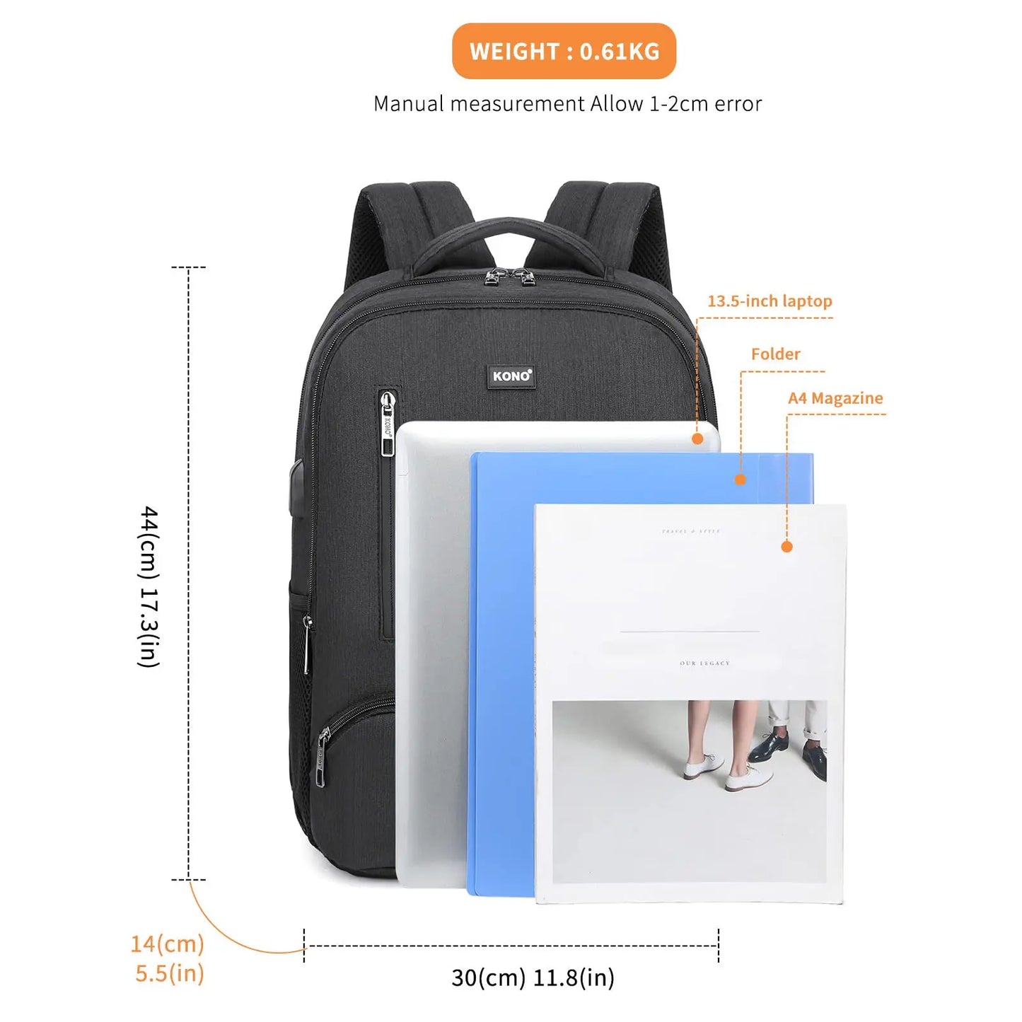 Black backpack with measurement details on a white background