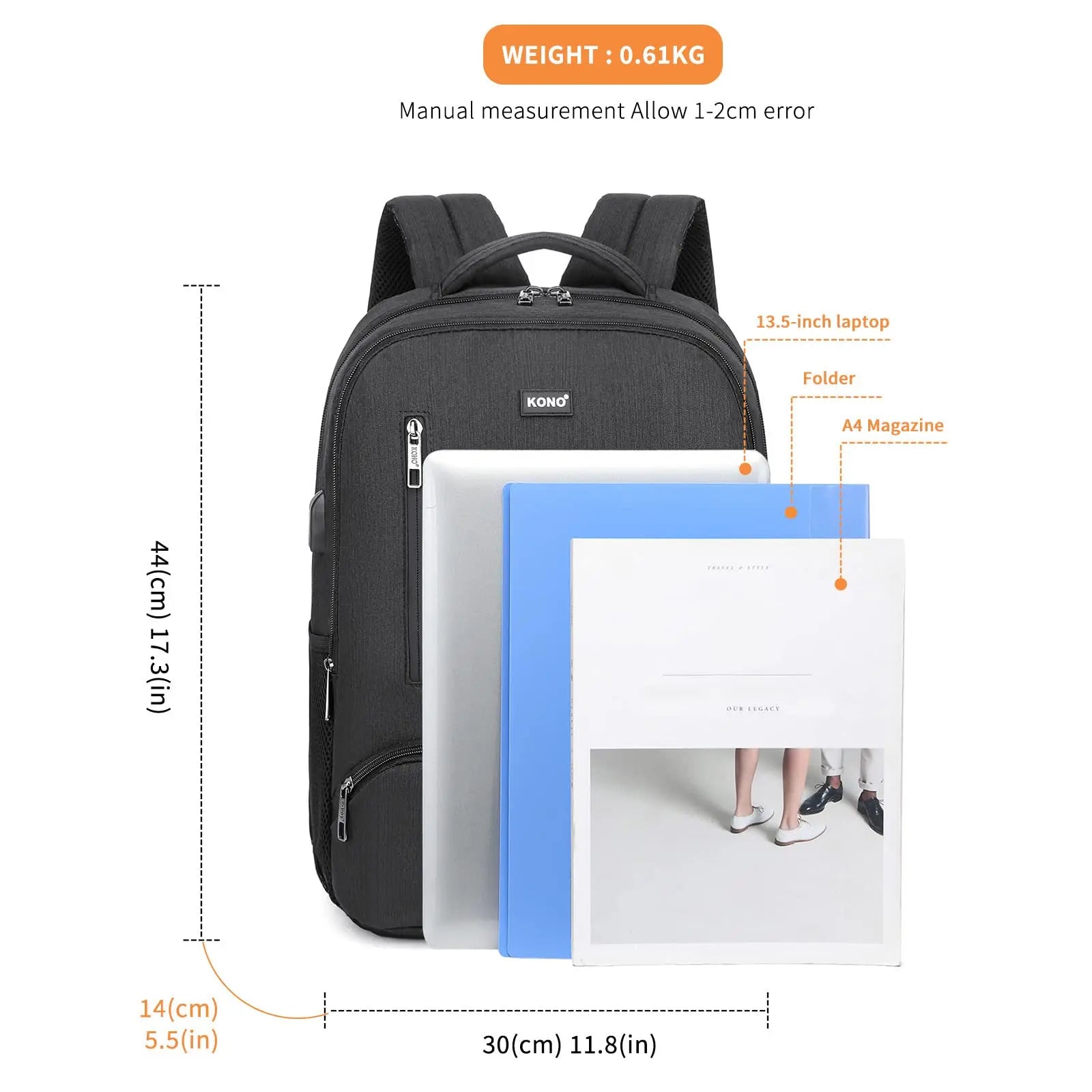 Black backpack with measurement details on a white background