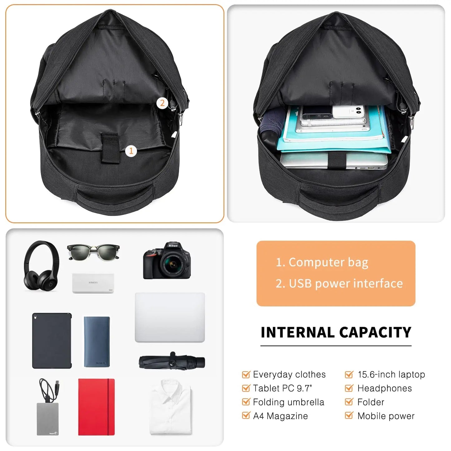 Black backpack with compartments and items it can hold, including a computer bag and USB power interface.