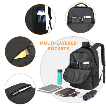Black backpack with multi-layered pockets on a white background