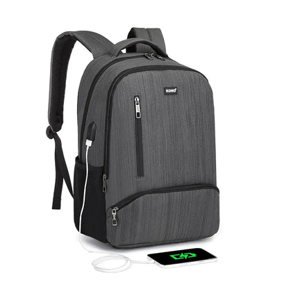 Gray backpack with USB port and smartphone on a white background