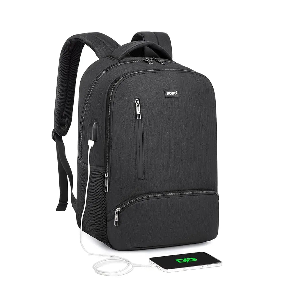 Black backpack with USB port and charging cable on a white background