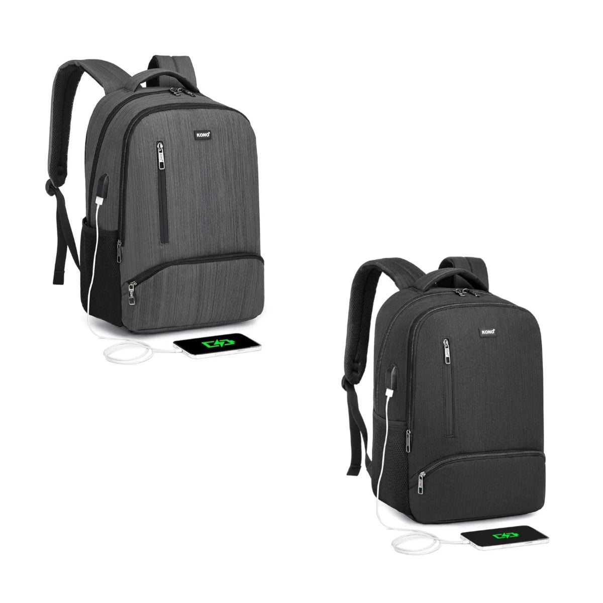 Two black backpacks with charging cables on a white background