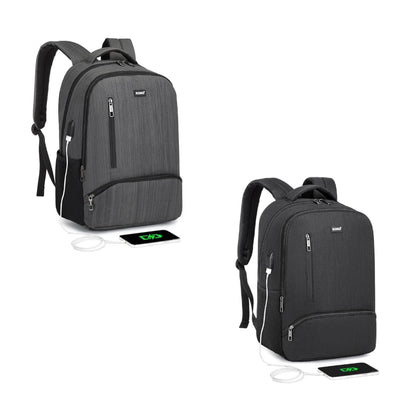 Two black backpacks with charging cables on a white background