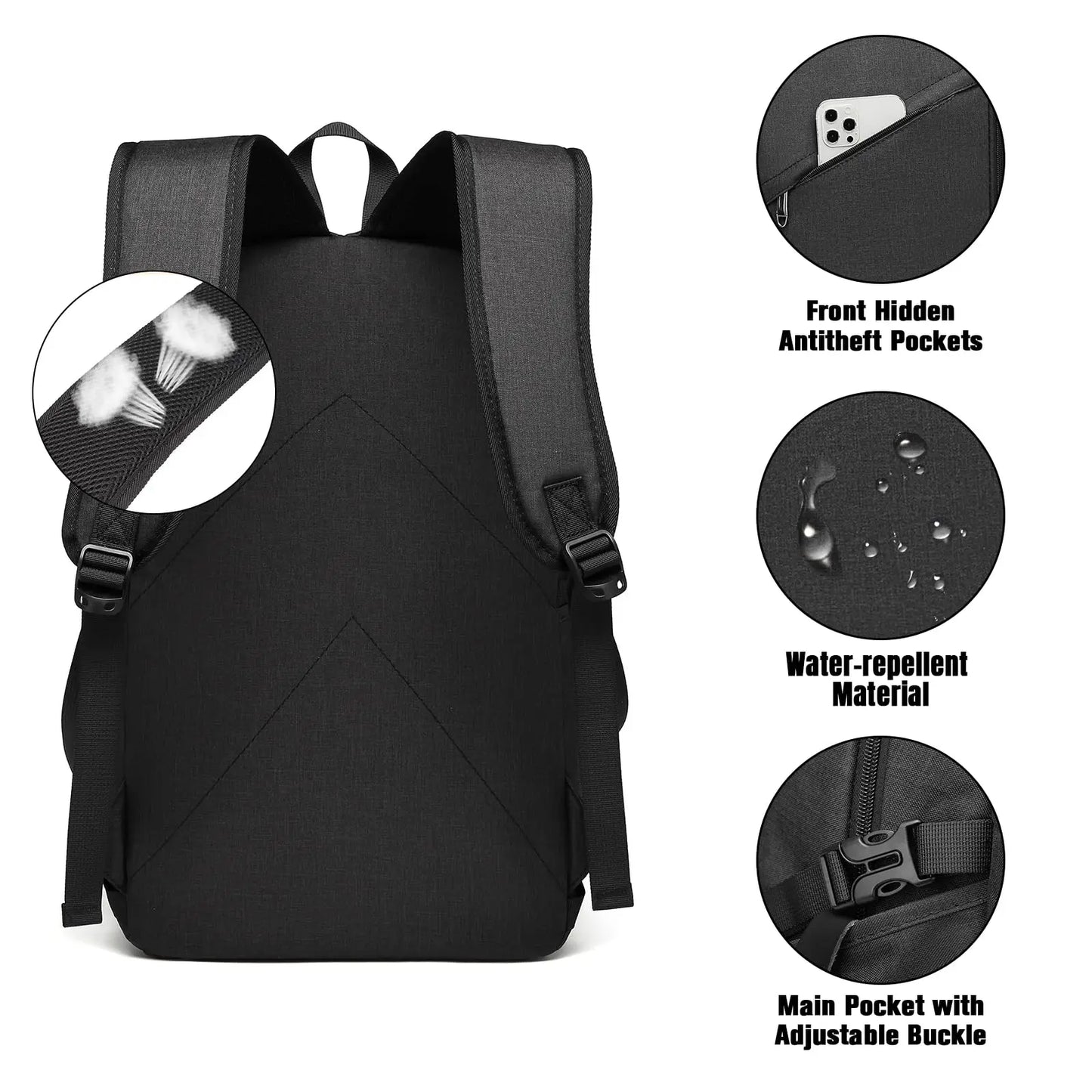 Black backpack with features highlighted on a white background
