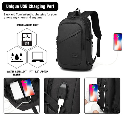 Black backpack with USB charging port features on a white background