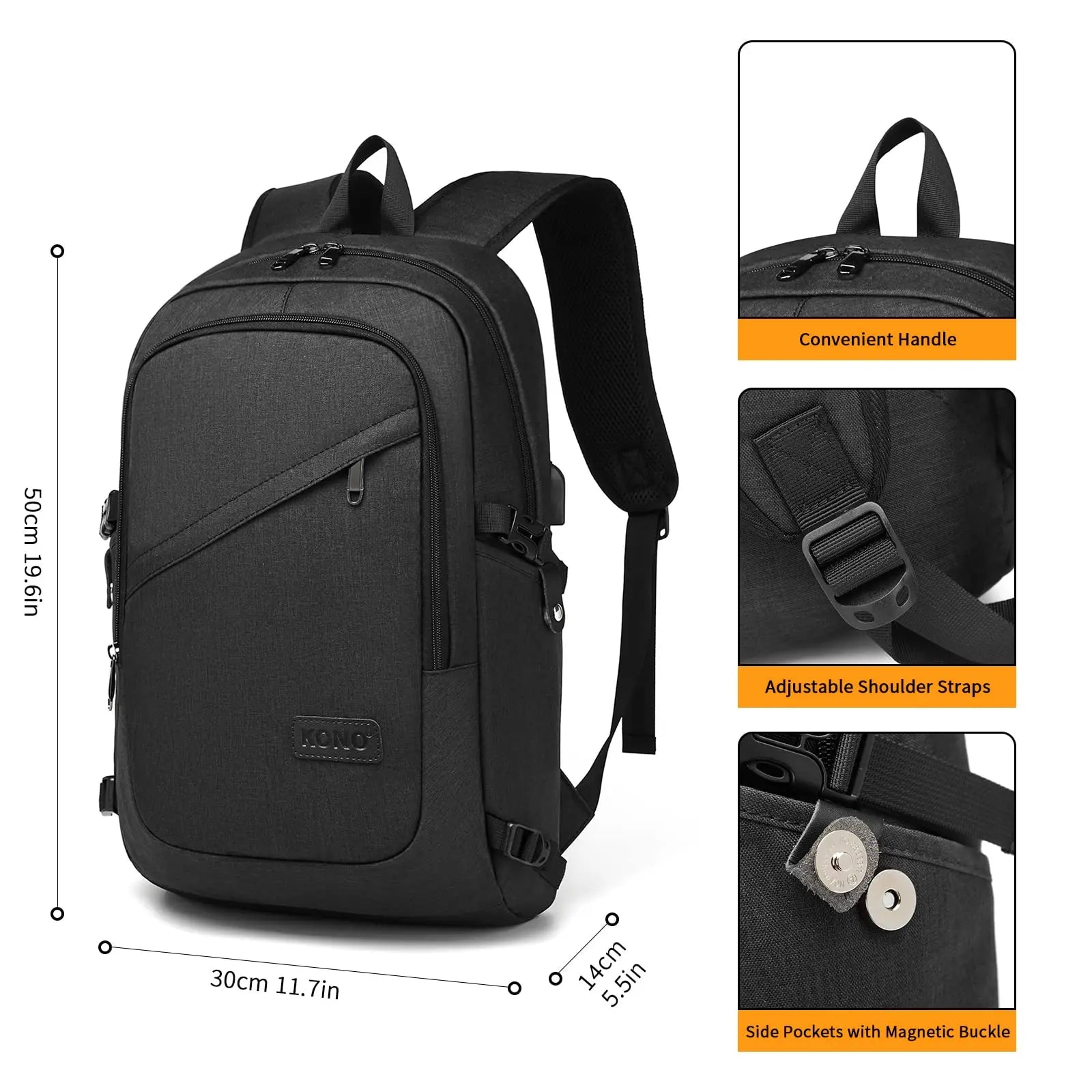 Black backpack with features and measurements on a white background