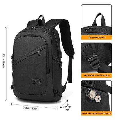 Black backpack with features and measurements on a white background
