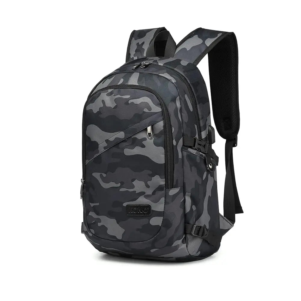 Camouflage-patterned backpack on a white background