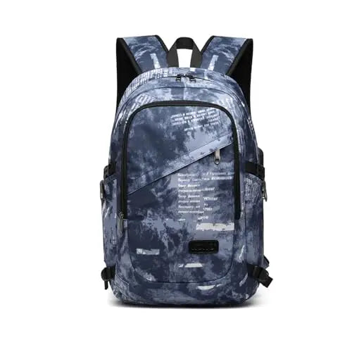 Camouflage-patterned backpack on a white background