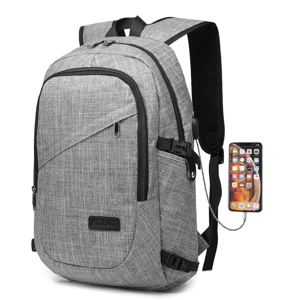 Gray backpack with USB port and smartphone charging cable on a white background