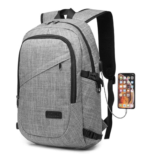 Gray backpack with USB port and smartphone charging cable on a white background