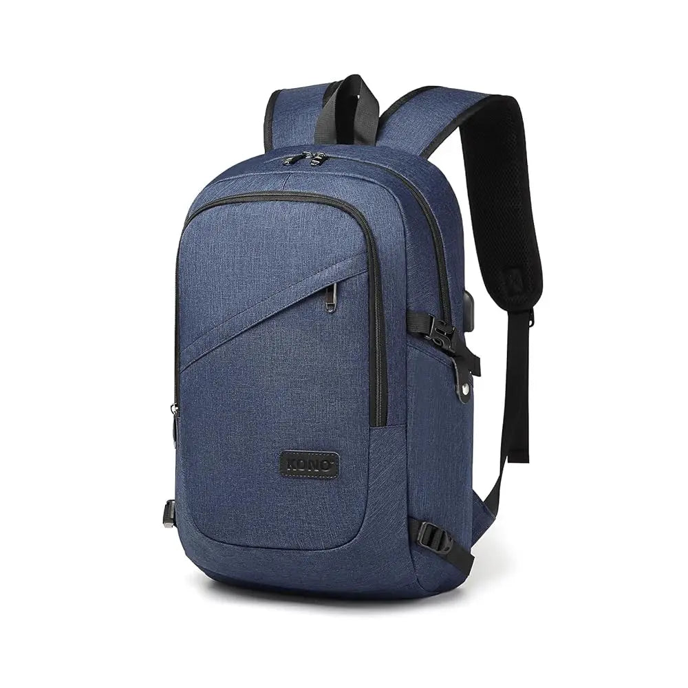 Blue backpack with black straps on a white background