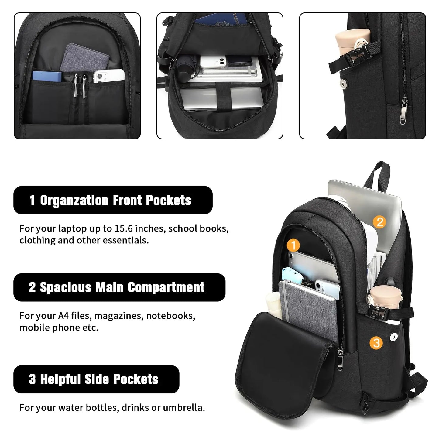 Black backpack with various compartments and pockets, featuring text on its features.