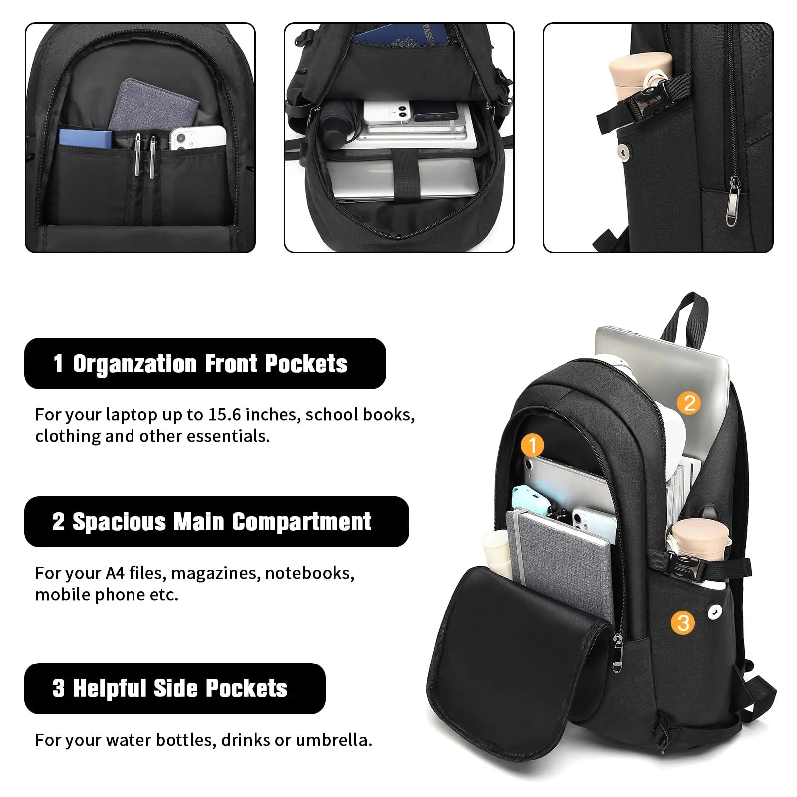 Black backpack with various compartments and pockets, featuring text on its features.