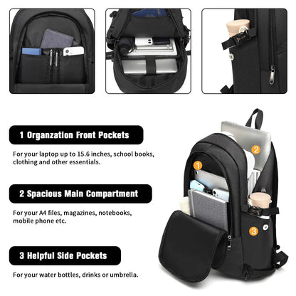 Black backpack with various compartments and pockets, featuring text on its features.
