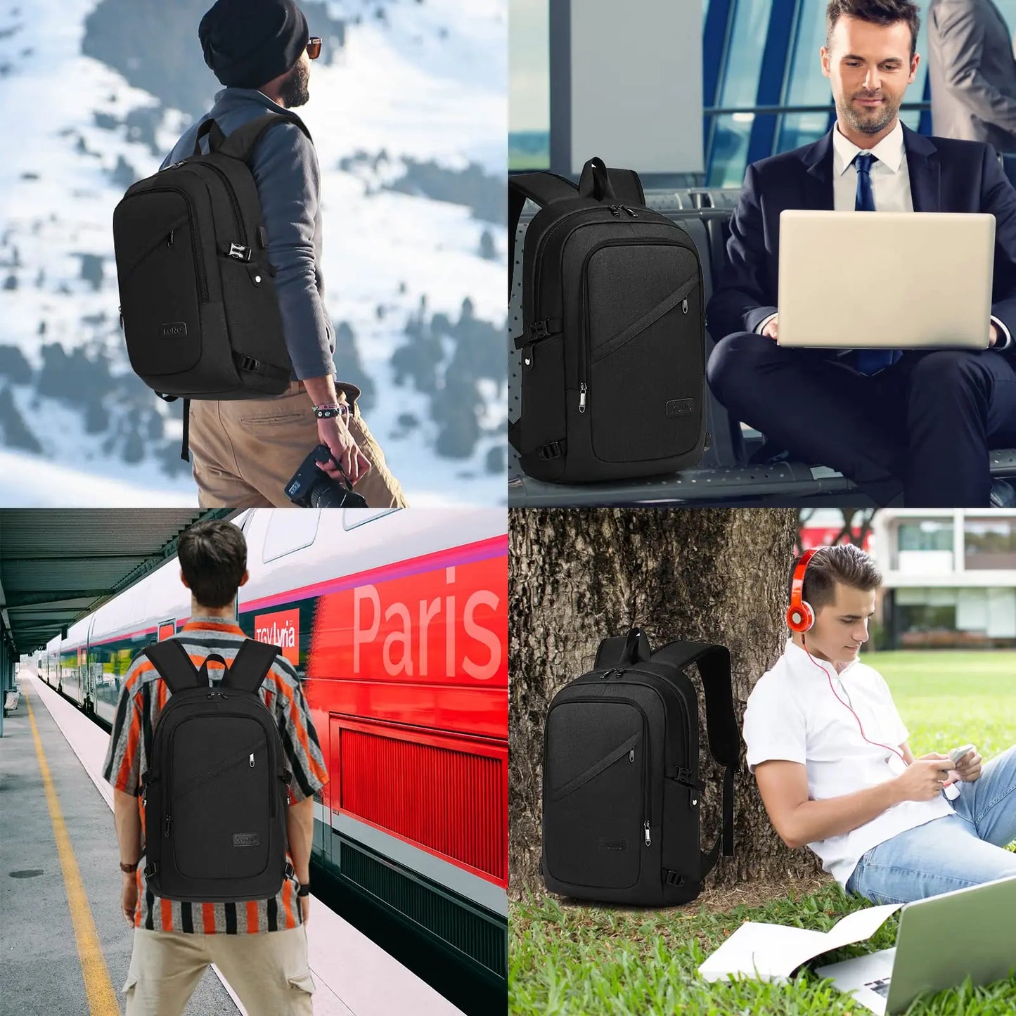 Collage of people using black backpacks in various settings.