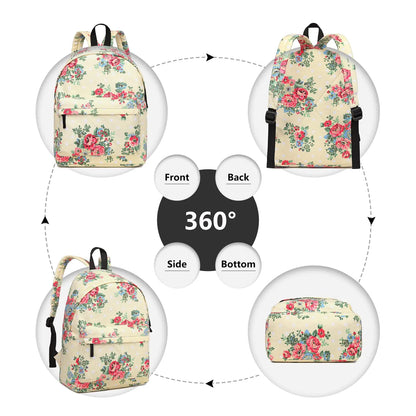 Floral-patterned backpack shown from multiple angles on a white background