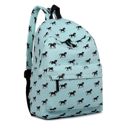 Light blue backpack with black horse pattern on a white background