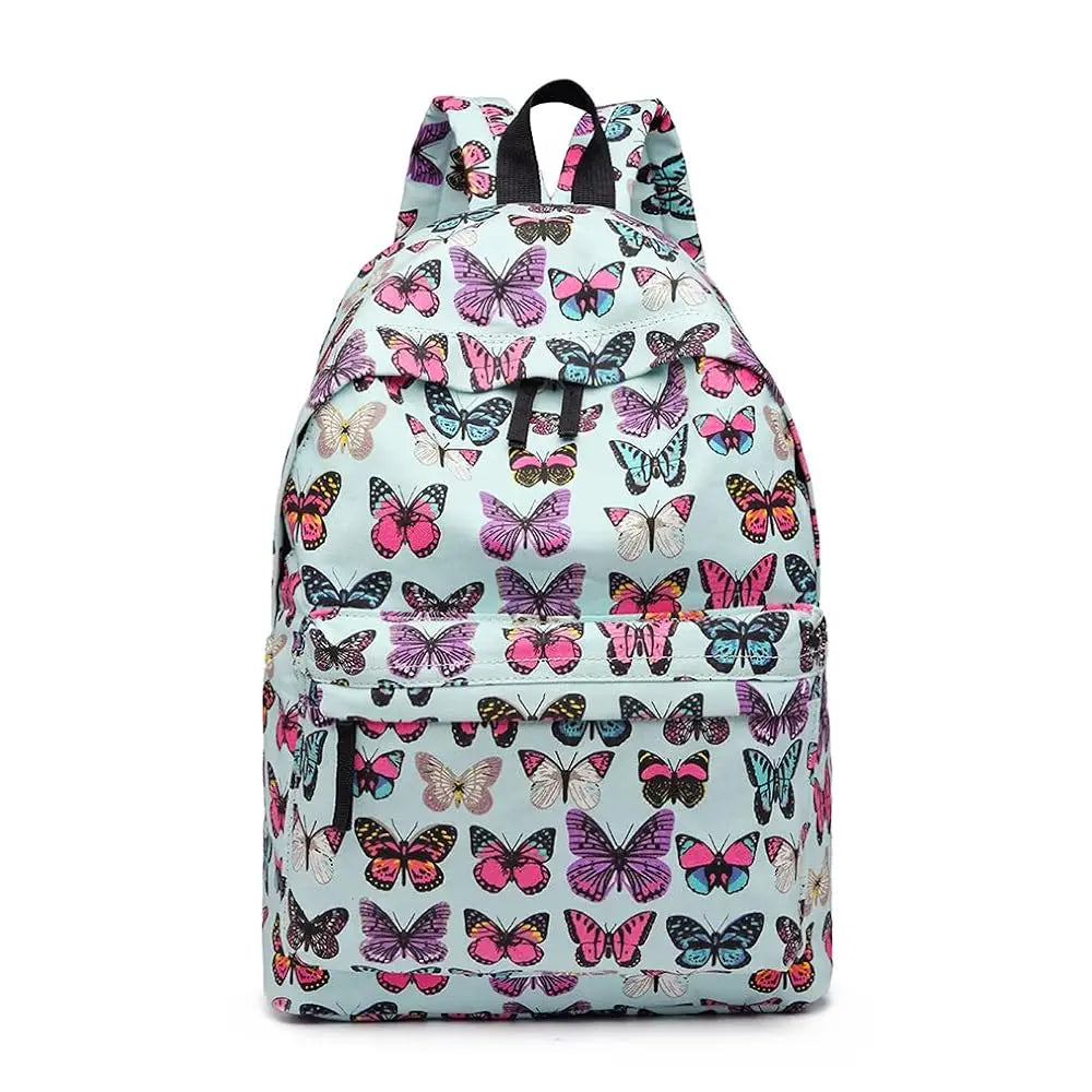 Backpack with colorful butterfly pattern on a light blue background