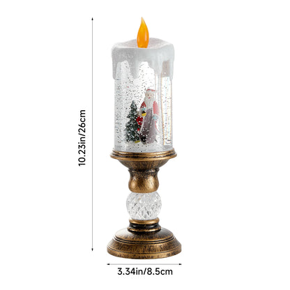 Decorative candle with a glass cover featuring a Santa Claus figure and Christmas tree, on a white background with dimensions displayed.