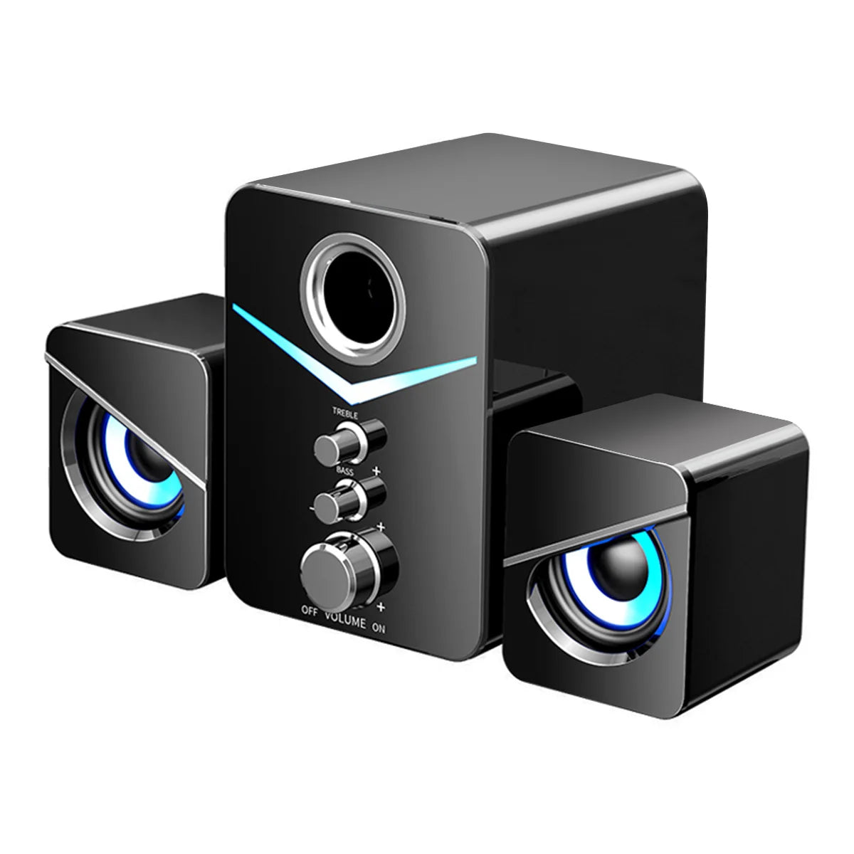 Black computer speakers with blue LED lights on a white background