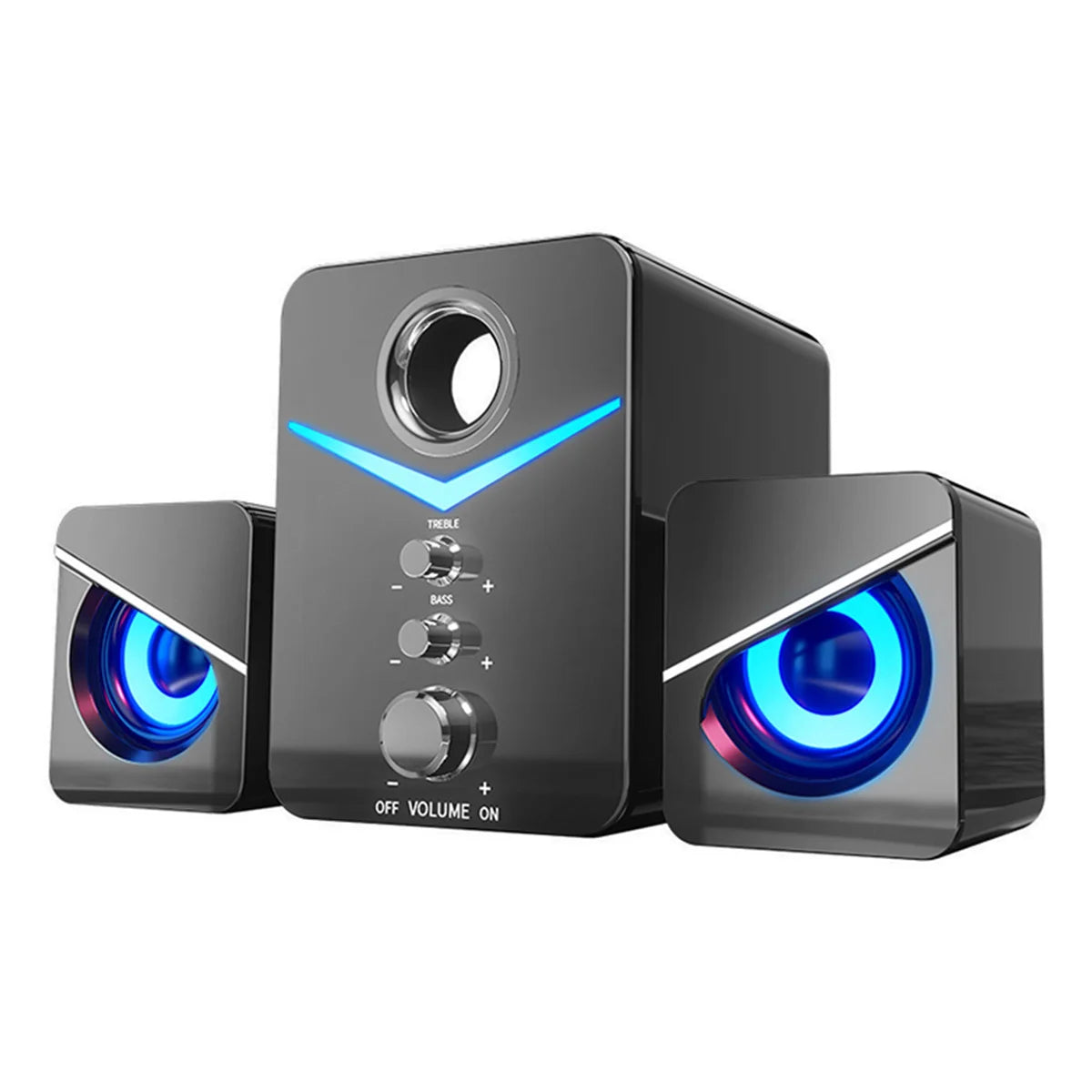 Black computer speakers with blue LED lights on a white background