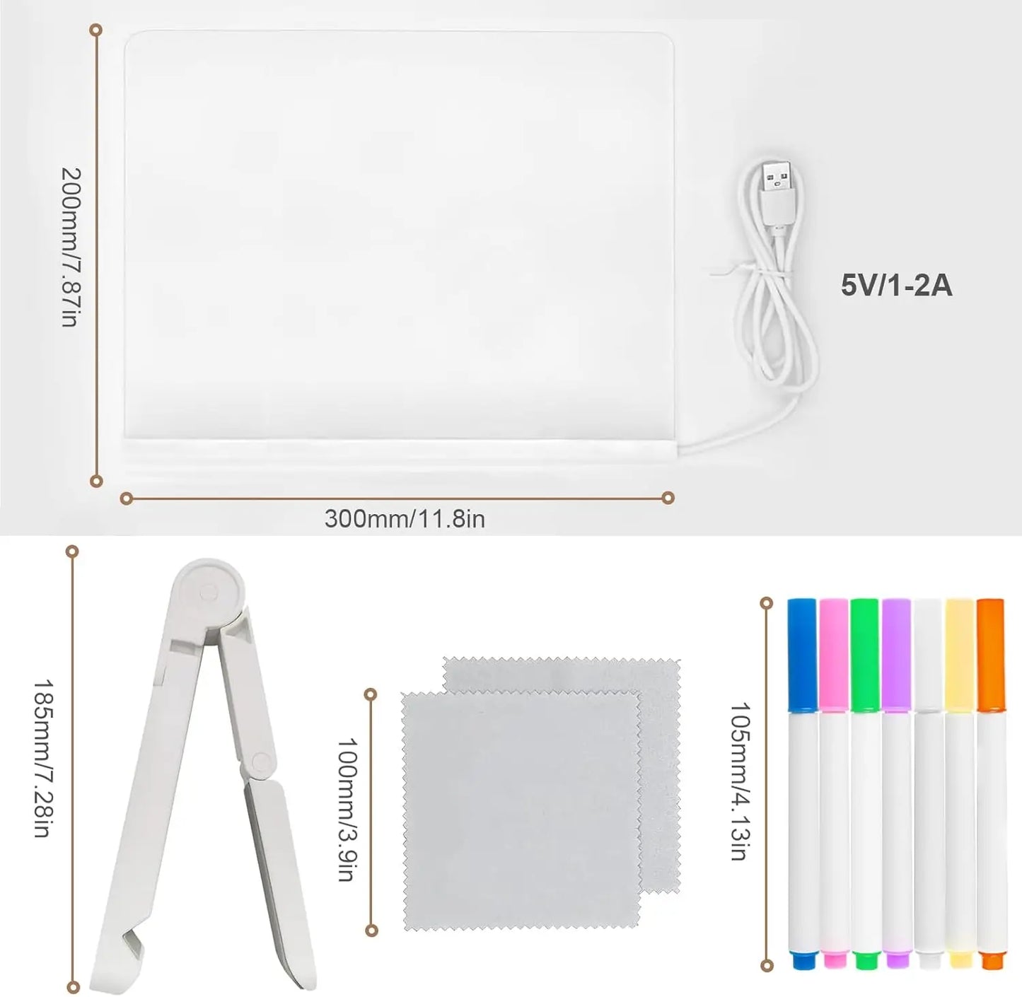 Measurement chart of a product with dimensions and components listed.