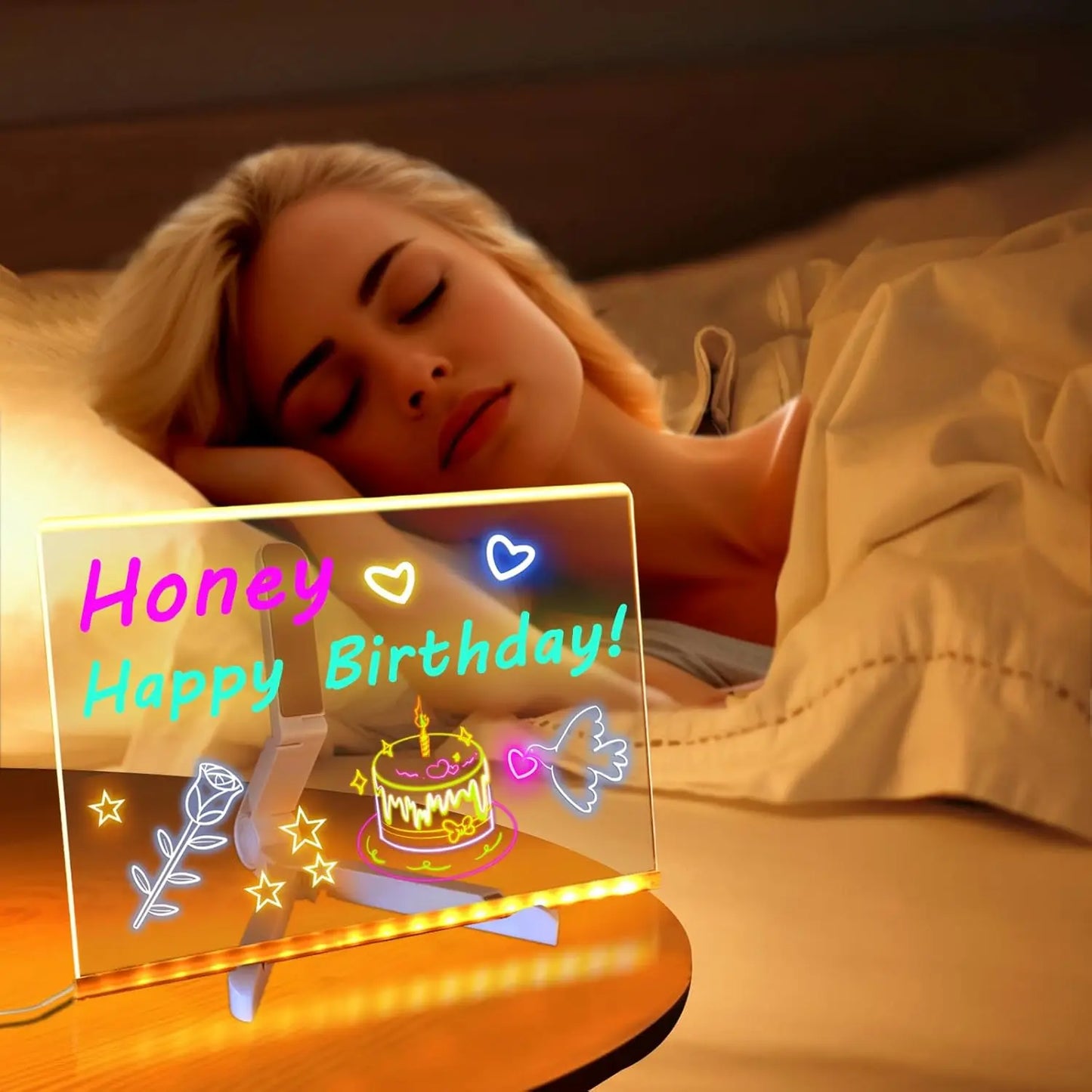 Woman lying in bed with a glowing sign that says 'Honey Happy Birthday!' on a wooden nightstand.