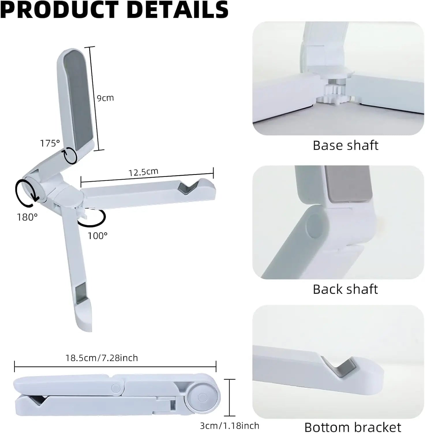 Product details of a flexible arm with measurements and design elements.