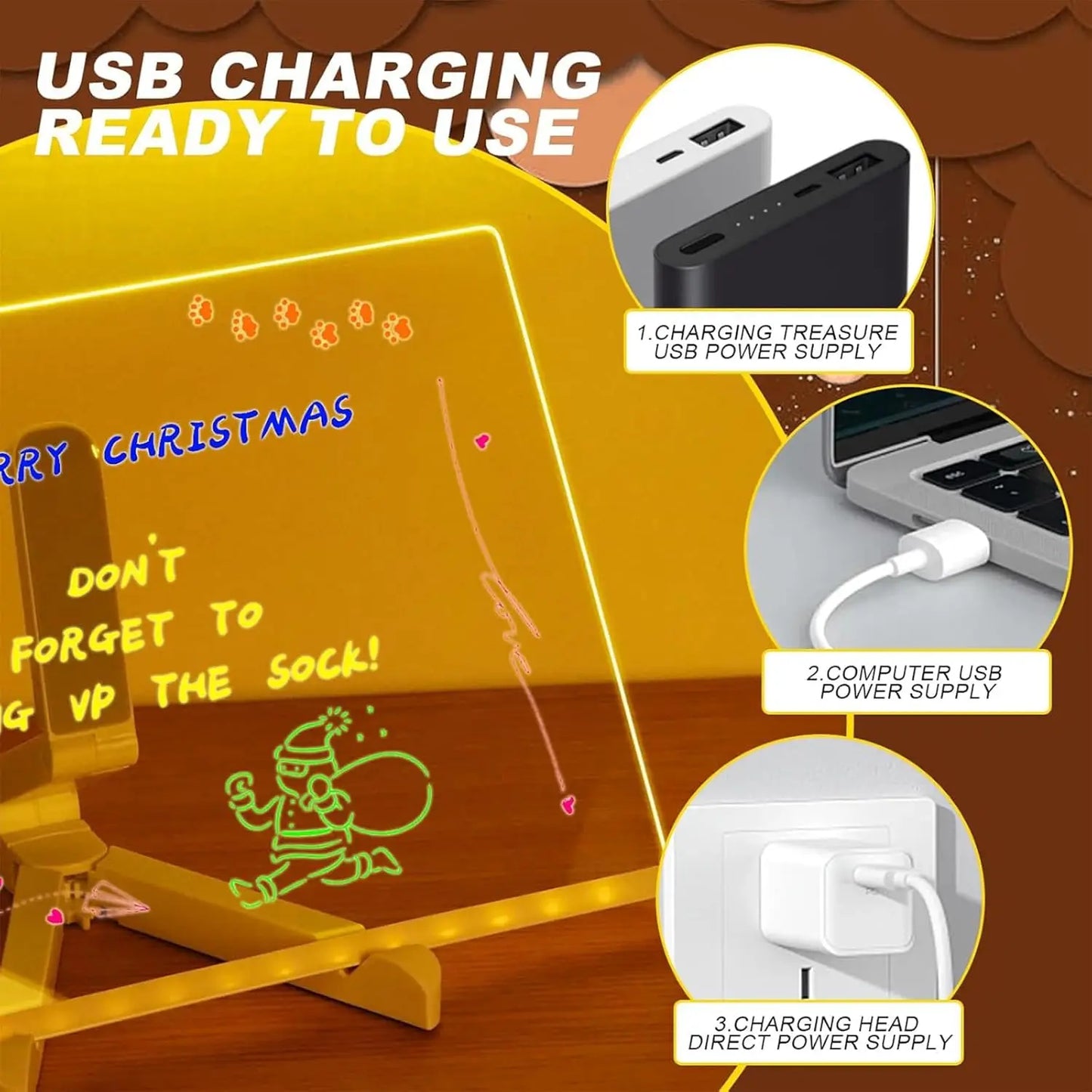 Christmas-themed LED sign with USB charging options on a brown background