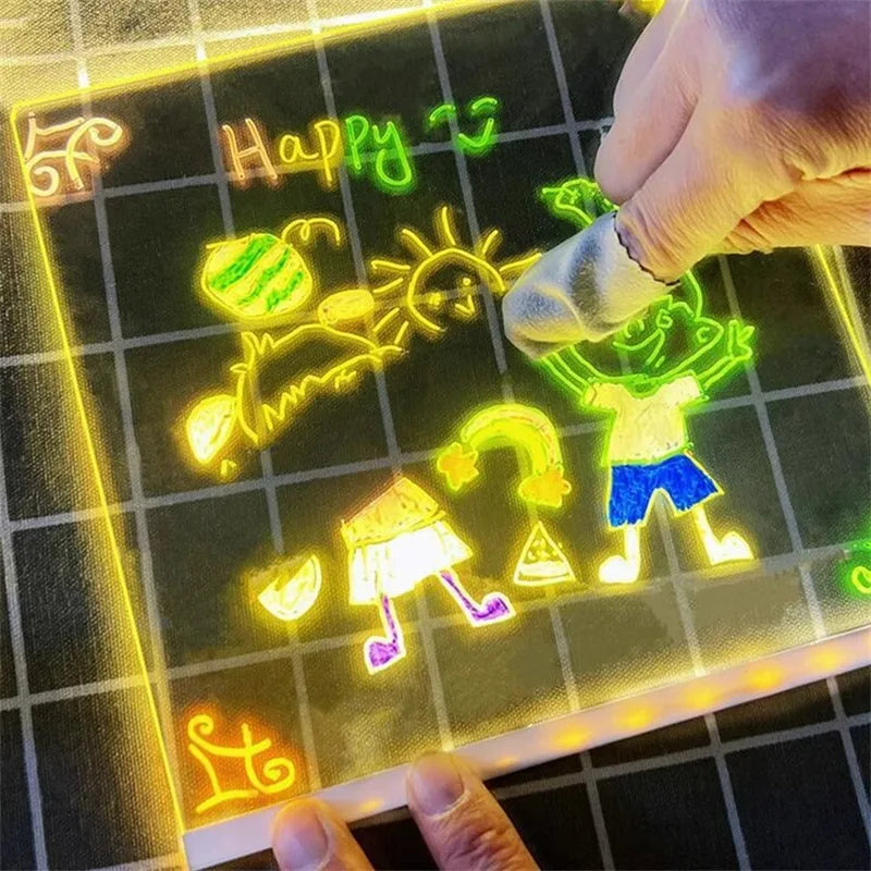 Glowing children's drawings on a transparent board with a hand holding a marker.