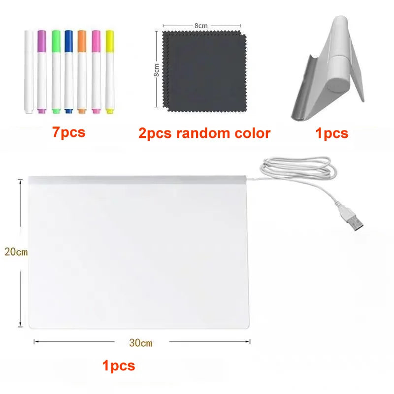 Set of art supplies including markers, a cloth, a light panel, and a USB cable on a white background with measurements.