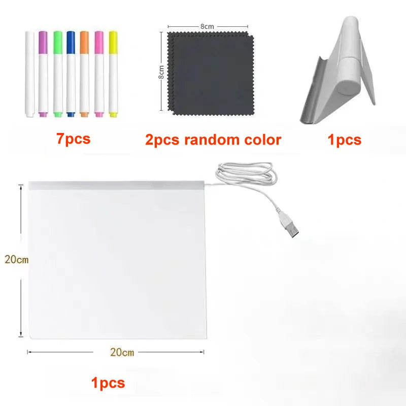 Set of art supplies including markers, a light panel, and other items with measurements on a white background.