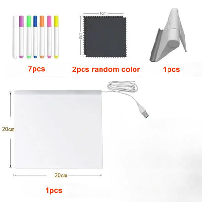Set of art supplies including markers, a light panel, and other items with measurements on a white background.