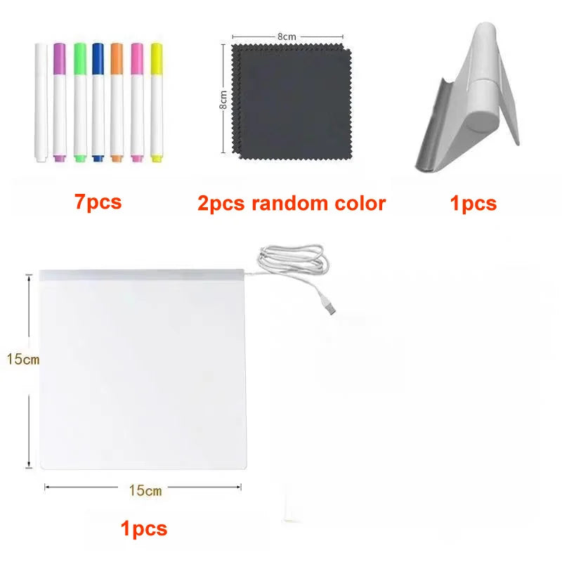 Set of markers, cloth, stand, and LED light with dimensions on a white background