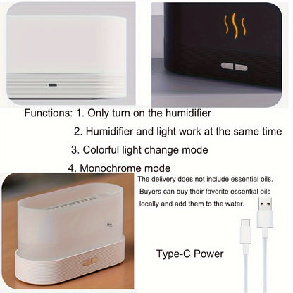 Humidifier with power cable and features listed on a white background