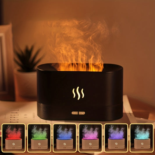 Black cylindrical device with flame effect on a wooden surface, surrounded by color options.