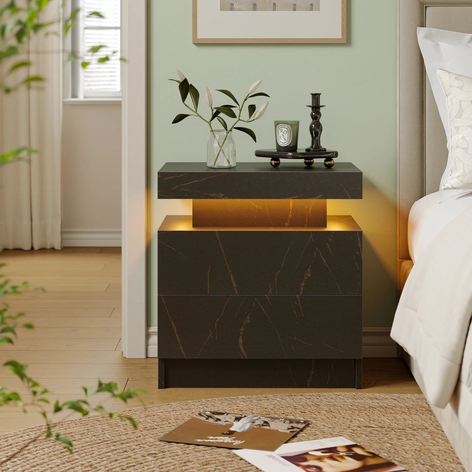 Modern nightstand with marble design in a bedroom setting