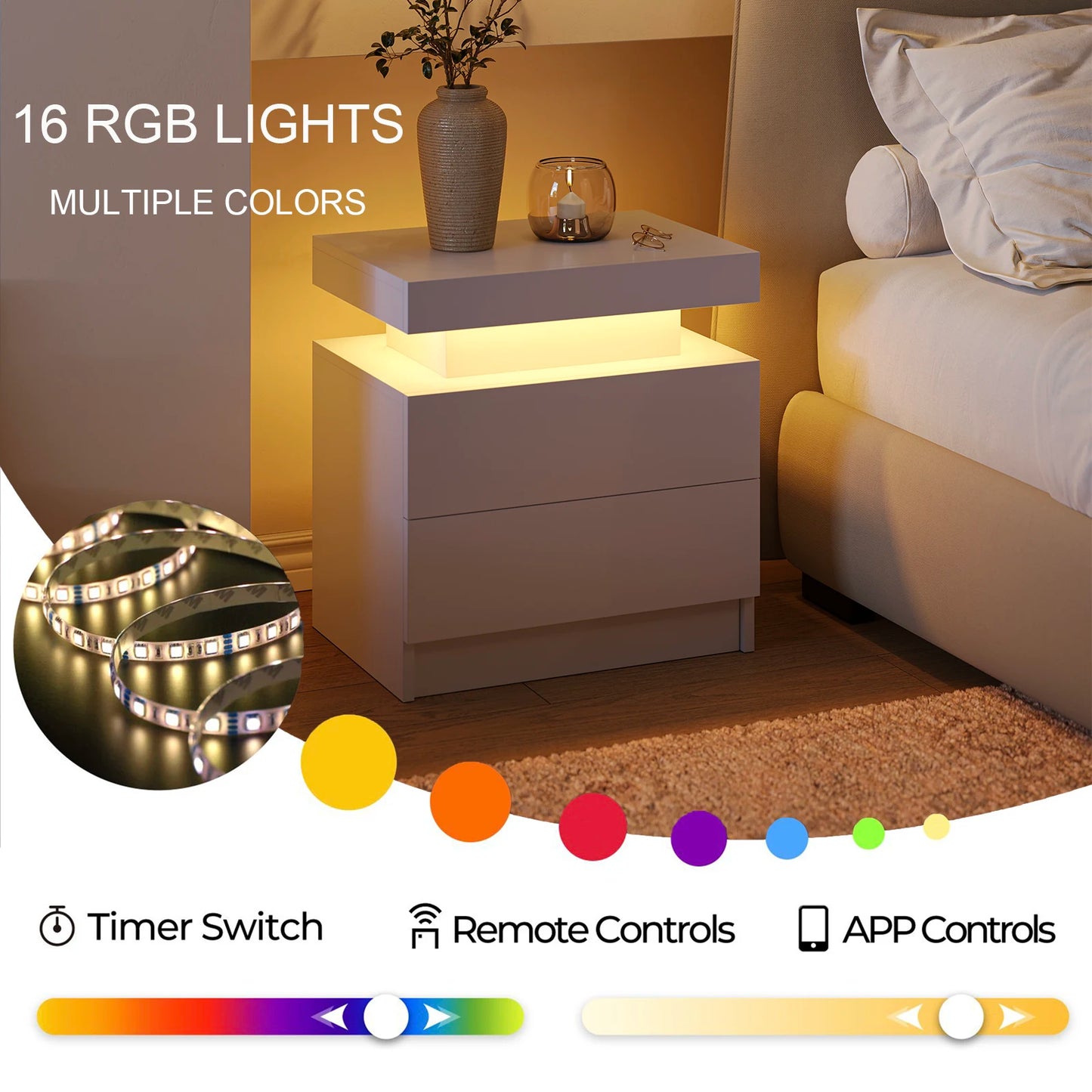 Bedside table with RGB lights in a bedroom setting, featuring LED strip images and color options.