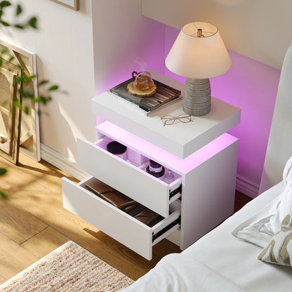 White nightstand with LED lighting in a bedroom setting